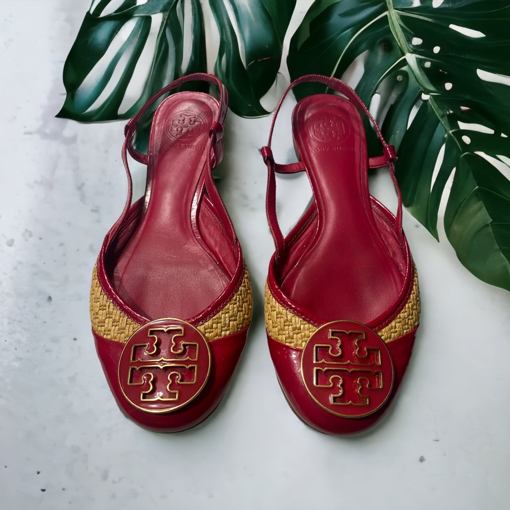 Tory Burch Leather Straw Reva Slingback Flats SZ 7.5